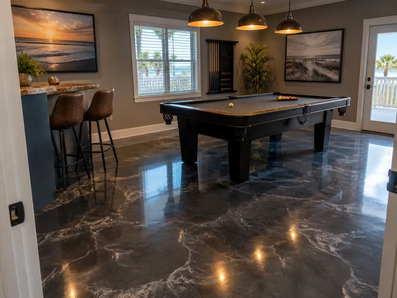 Charcoal and graphite metallic epoxy floor in a game room in Myrtle Beach, SC