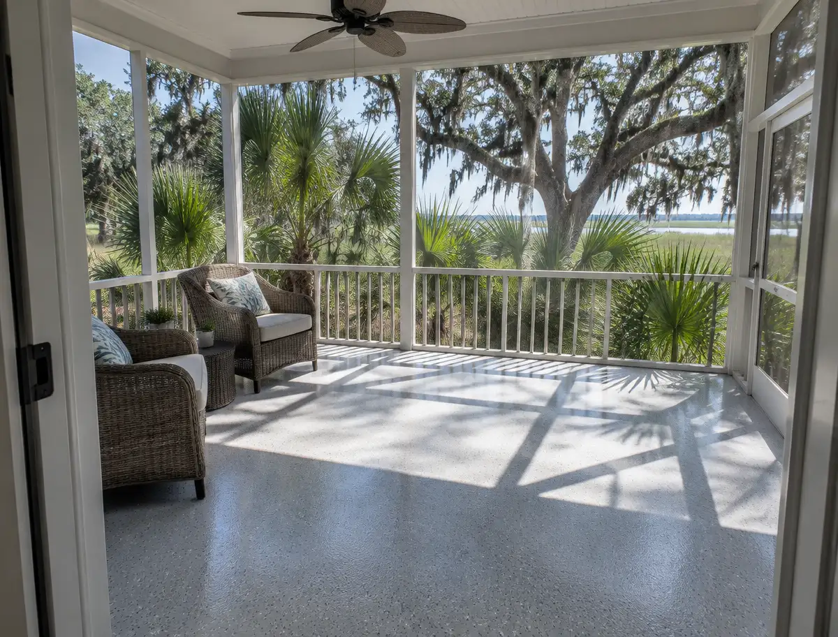 Floor coating on a sunny screened porch of a coastal home in Myrtle Beach, SC