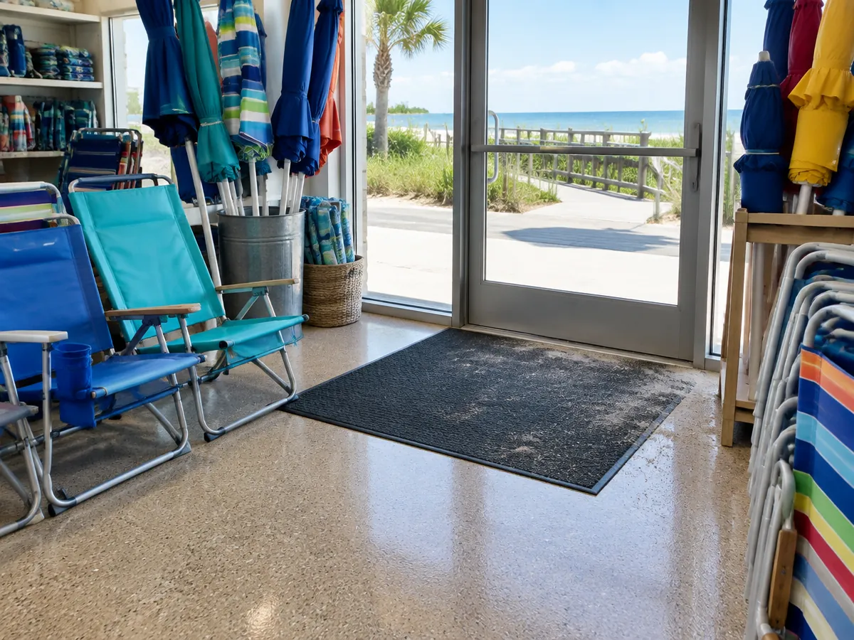 Commercial epoxy floor coating at the entrance of a beach shop in Myrtle Beach, SC