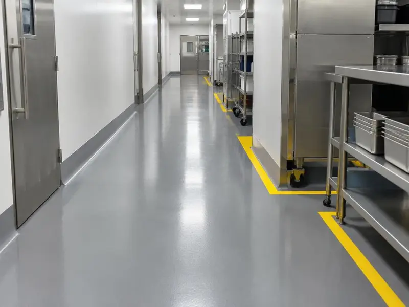 Commercial Epoxy Flooring in Myrtle Beach, SC: seamless gray floor with safety striping in a restaurant corridor