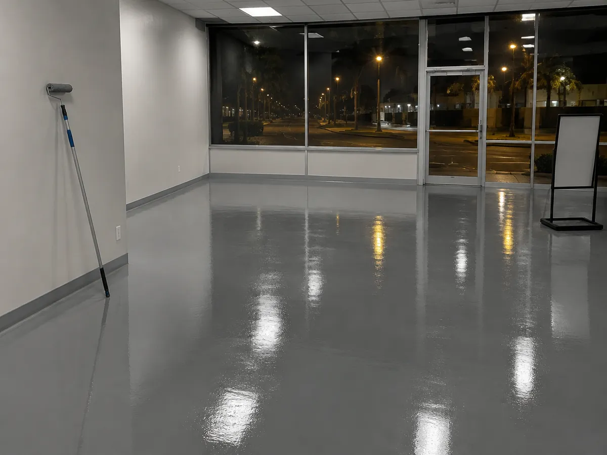 Commercial floor coating in progress after hours in a Myrtle Beach, SC store