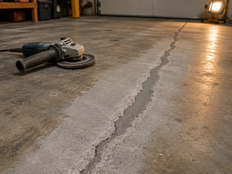 Cracked older garage slab being repaired before floor coating in Socastee, SC