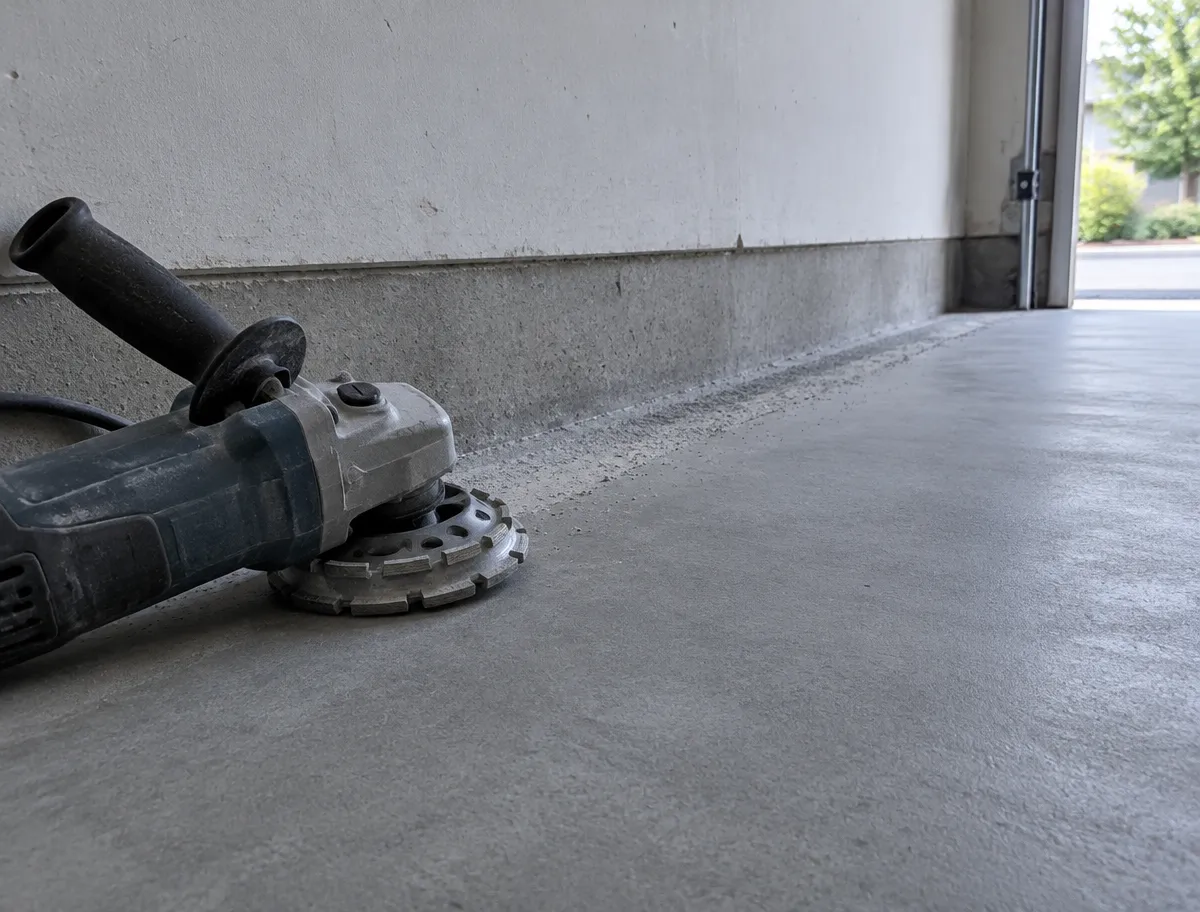 Concrete floor prep for epoxy in Myrtle Beach, SC: freshly ground garage slab along a wall