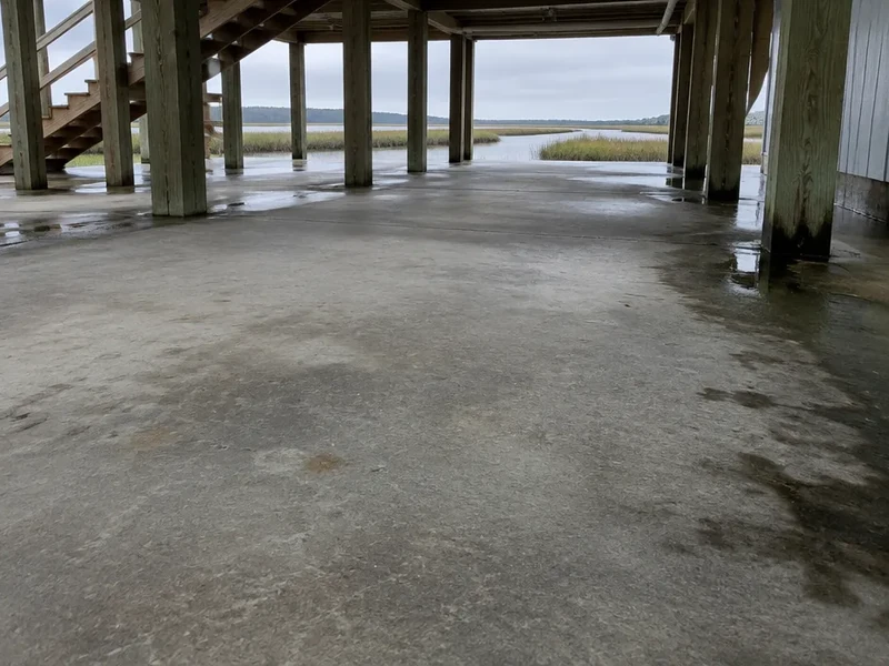 Damp ground-level slab under a channel home before floor coating in North Myrtle Beach, SC