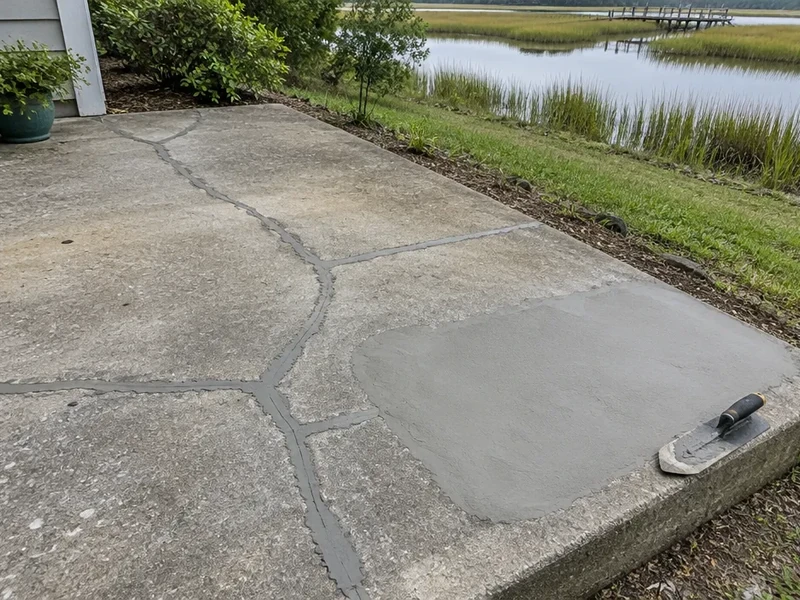 Older porch slab with cracks being repaired before coating in Pawleys Island, SC
