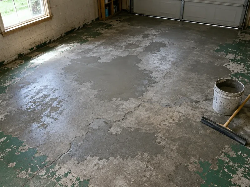 Worn older garage slab with patched cracks before concrete resurfacing in Conway, SC