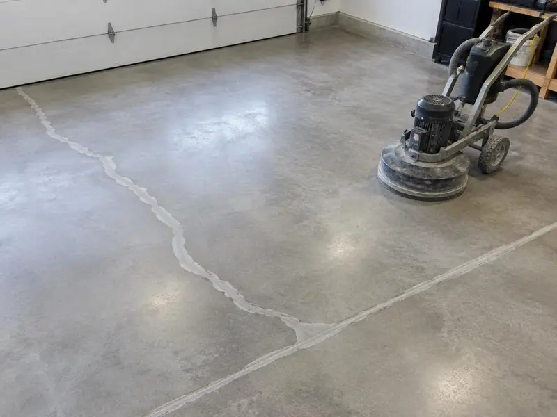 Concrete Resurfacing in Myrtle Beach, SC: repaired garage slab ground flush before coating