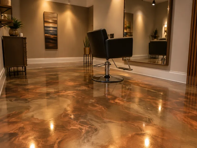 Copper and bronze metallic epoxy floor in a salon in Myrtle Beach, SC