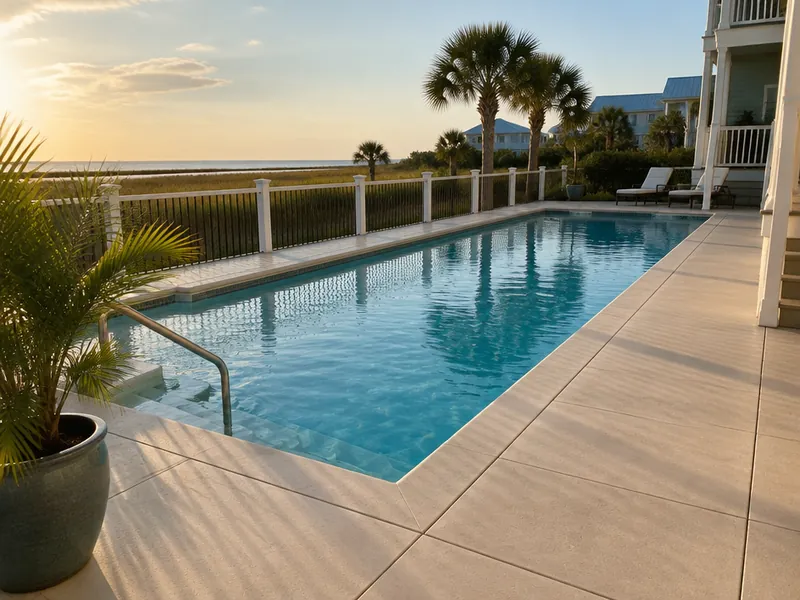 Decorative overlay pool deck resurfacing scored in a tile pattern in Myrtle Beach, SC