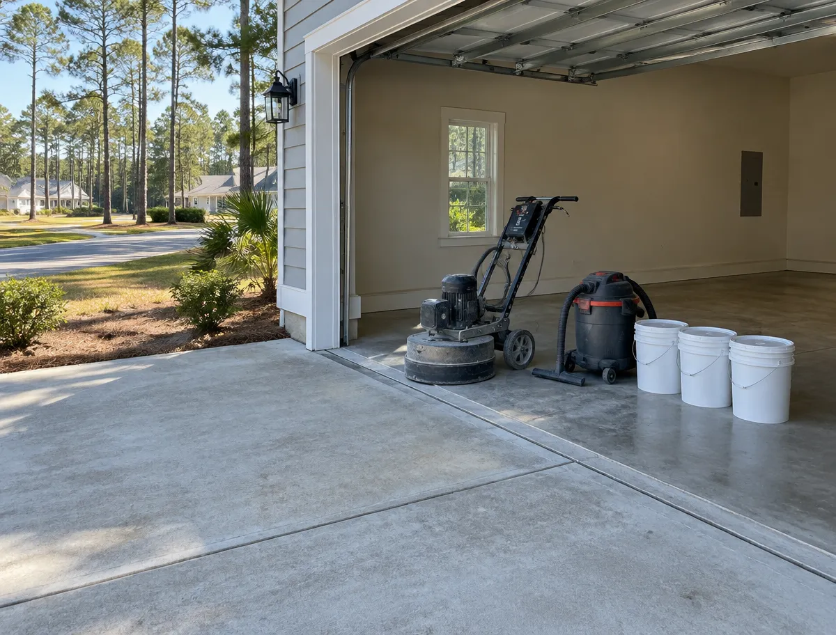 Epoxy floor installation equipment ready at a garage on the Grand Strand, SC