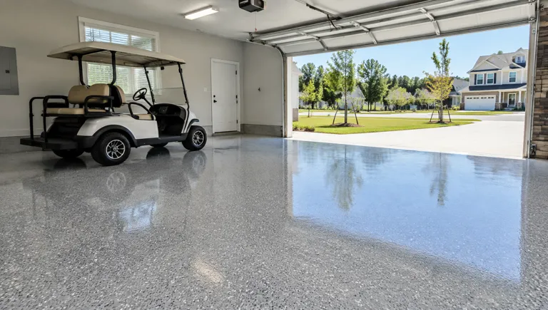 Epoxy flooring in Carolina Forest, SC: light gray flake garage floor with a golf cart