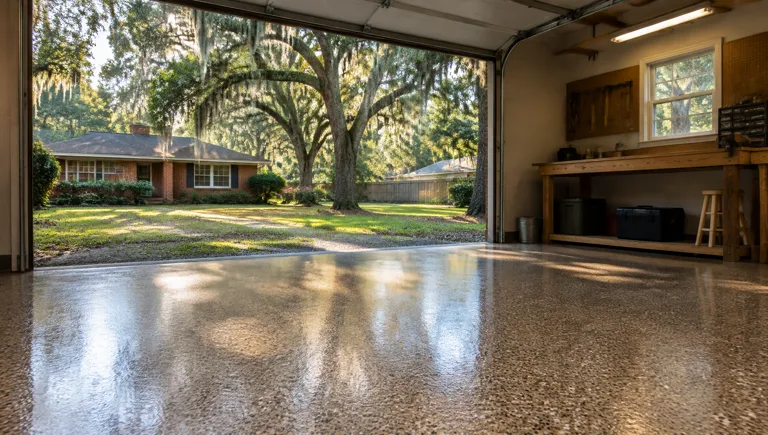 Epoxy flooring in Conway, SC: tan flake floor in a detached garage of an older brick home