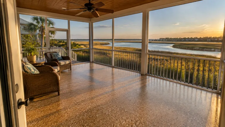 Epoxy flooring in Murrells Inlet, SC: tan flake floor on a screened porch facing the salt marsh