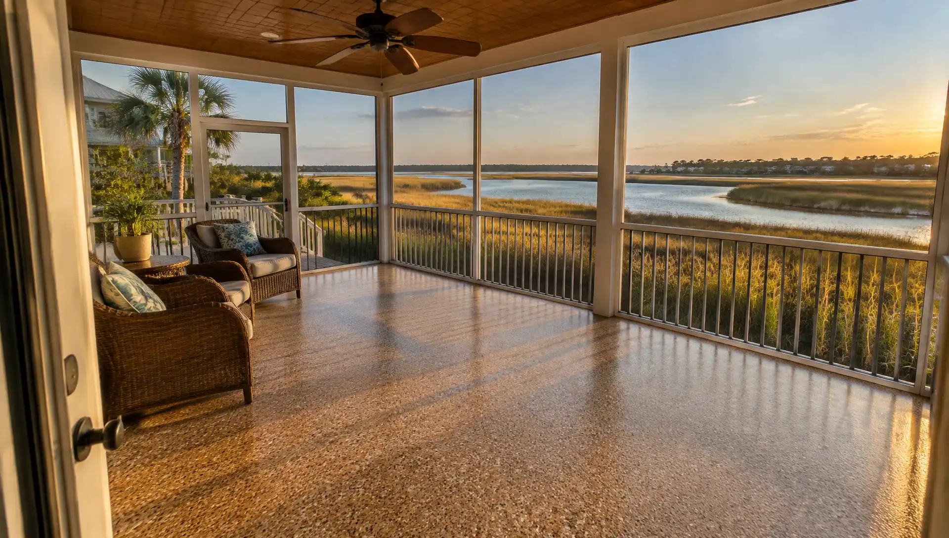 Epoxy flooring in Murrells Inlet, SC: tan flake floor on a screened porch facing the salt marsh
