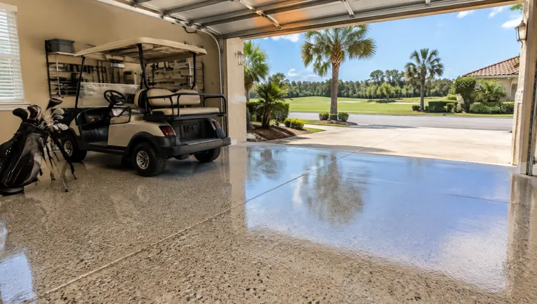 Epoxy flooring in North Myrtle Beach, SC: flake floor in a golf home garage with a golf cart