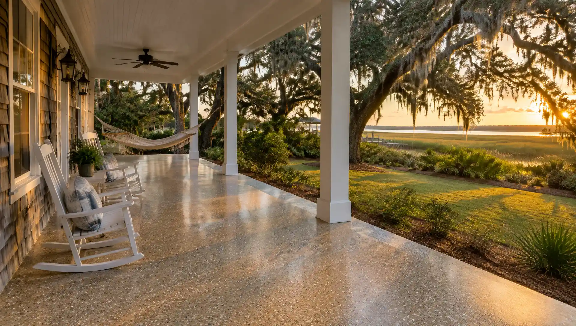 Epoxy flooring in Pawleys Island, SC: tan flake floor on a wide porch of a cypress-sided home