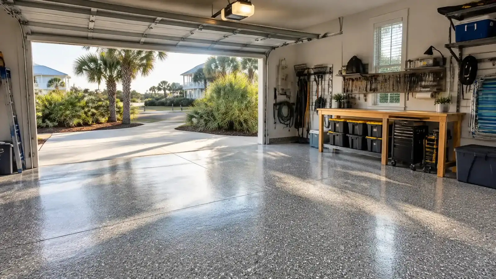 Epoxy flooring services in Myrtle Beach, SC: coated garage floor and front porch of a coastal home