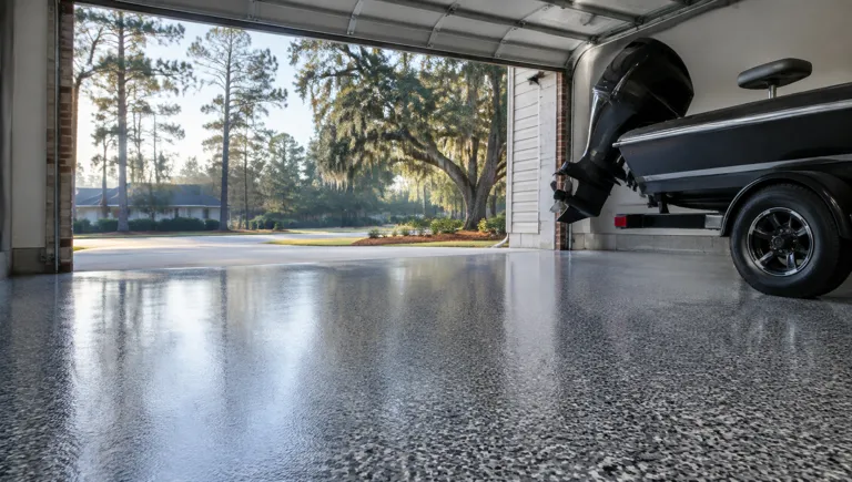 Epoxy flooring in Socastee, SC: gray flake garage floor with a bass boat on a trailer