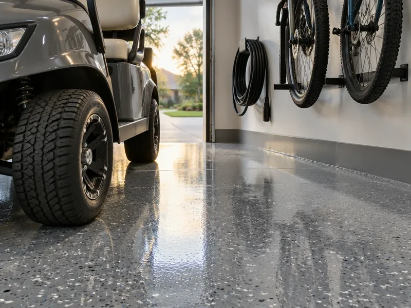 Epoxy garage floor with a golf cart and bikes in Carolina Forest, SC