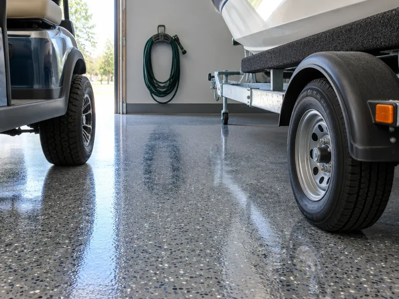 Epoxy garage floor with a golf cart and boat trailer wheel in Murrells Inlet, SC