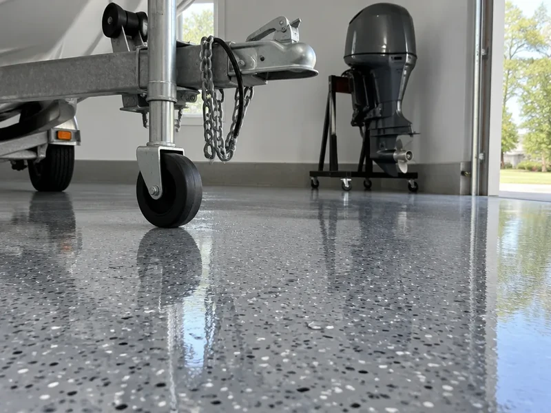 Epoxy garage floor with a boat trailer tongue and outboard motor stand in Socastee, SC