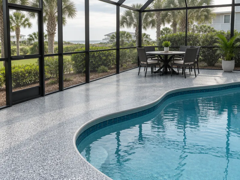 Epoxy pool deck with a gray flake finish under a screened lanai in Myrtle Beach, SC