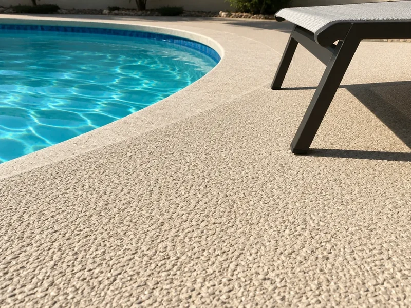 Epoxy pool deck with a light textured finish in bright sun in Pawleys Island, SC