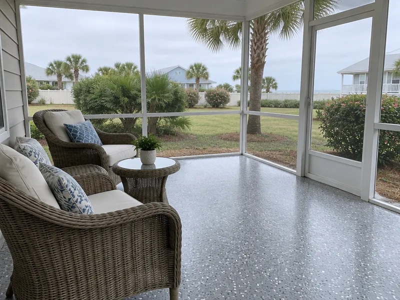 Epoxy porch coating with gray flake on a lanai floor in Myrtle Beach, SC