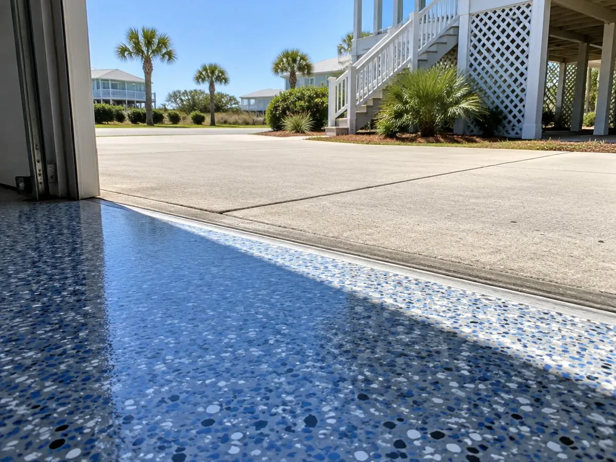 Flake epoxy garage floor at the open garage door of a home in Myrtle Beach, SC
