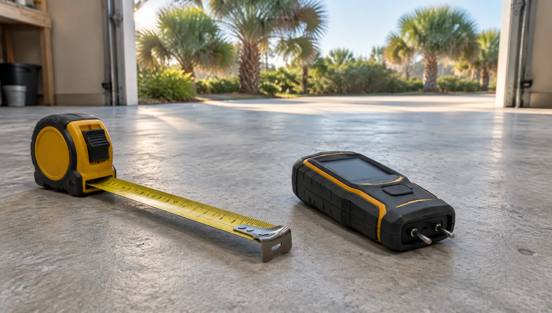 Free epoxy flooring estimate in Myrtle Beach, SC: tape measure and moisture meter on a bare garage slab