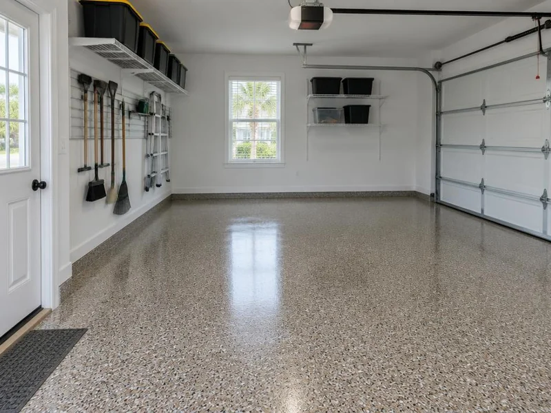 Full-broadcast flake garage floor coating with tan, brown and gray chips in Myrtle Beach, SC