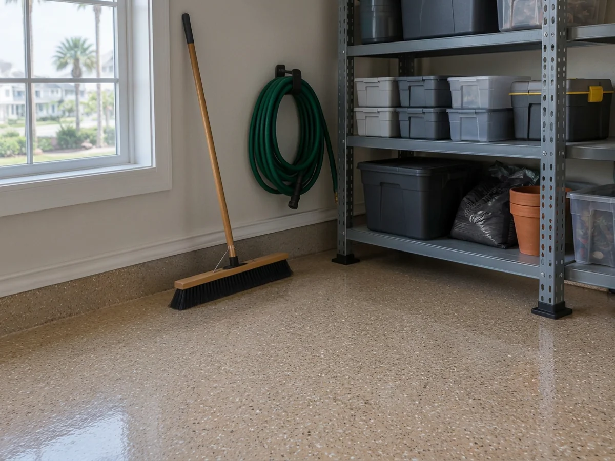 Clean garage floor coating with a push broom and storage shelves in a Myrtle Beach, SC garage