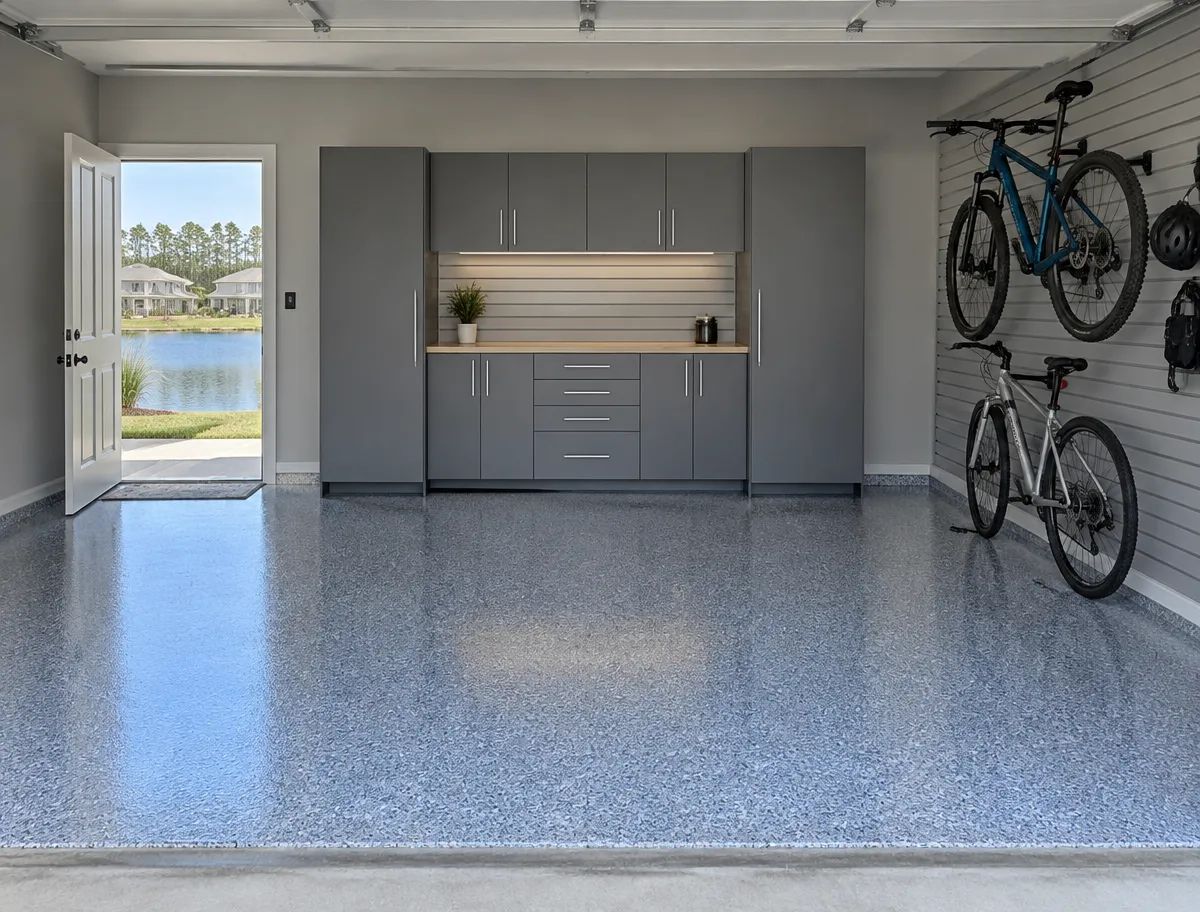 Garage floor coating in Carolina Forest, SC: finished garage with cabinets and a flake floor