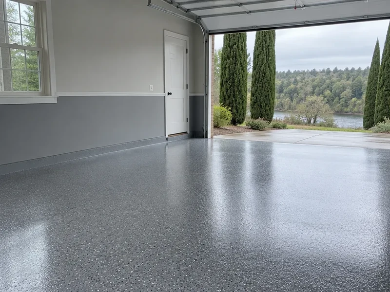 Garage floor coating in Conway, SC: freshly coated gray floor in a garage near the river