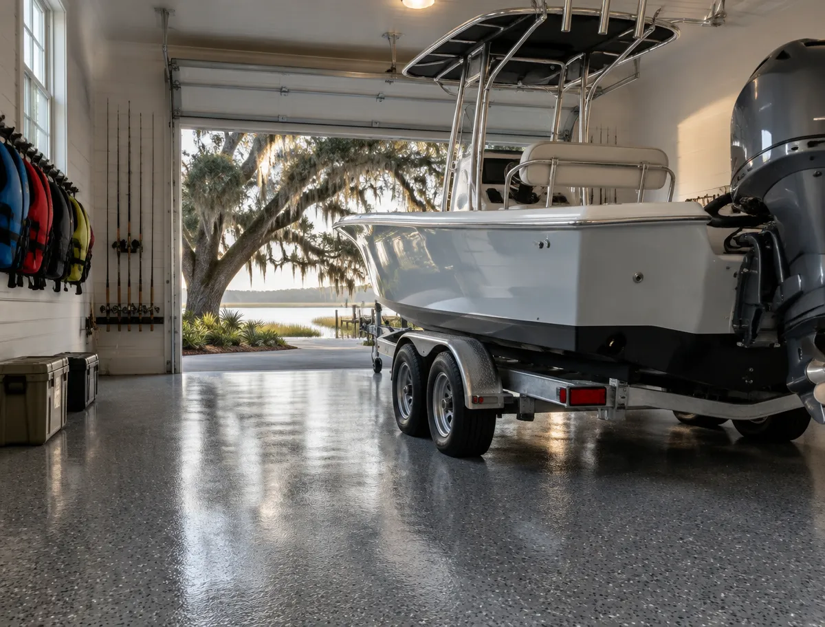Garage floor coating in Murrells Inlet, SC: gray flake garage with a center-console boat