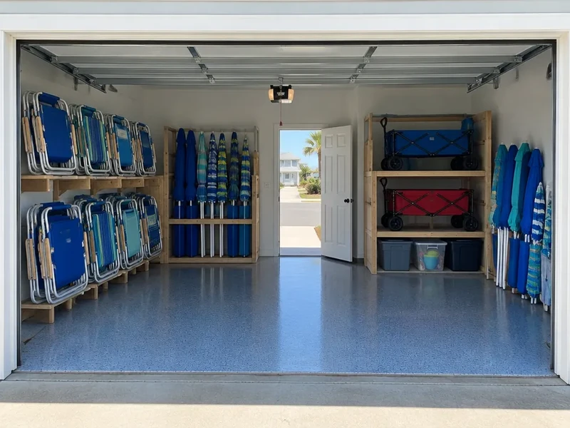 Garage floor coating in North Myrtle Beach, SC: rental home garage with beach gear