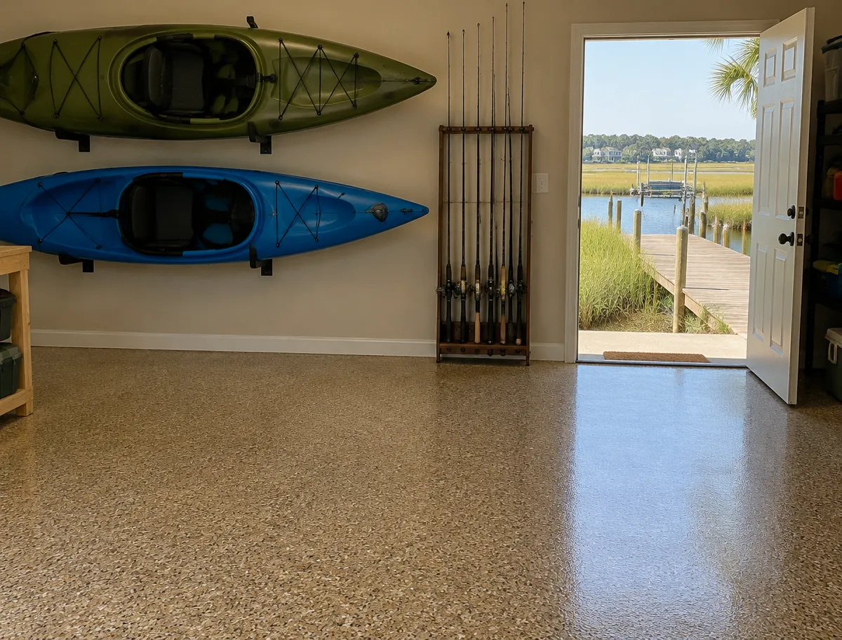 Garage floor coating in Socastee, SC: tan flake floor in a garage with kayaks on the wall