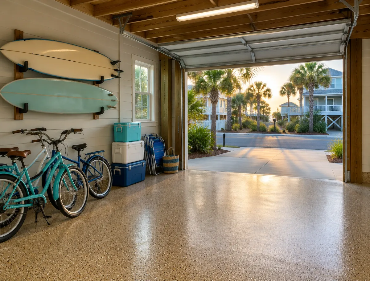 Garage floor coating in Surfside Beach, SC: enclosed ground-level garage with surfboards and bikes