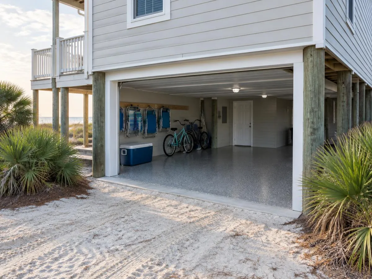 Garage floor epoxy in a ground-level garage under a raised home in Myrtle Beach, SC