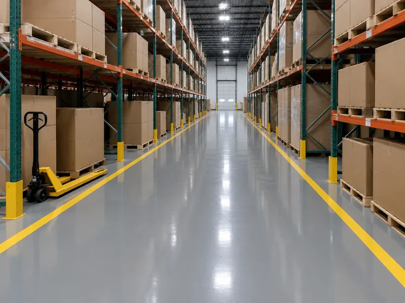 Industrial epoxy flooring with yellow aisle striping in a Myrtle Beach, SC warehouse