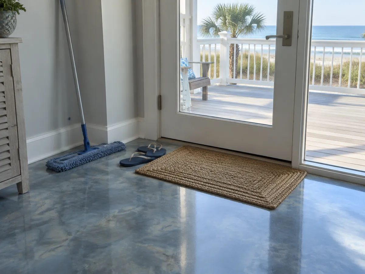 Clean metallic epoxy floor with a dust mop and door mat in a Myrtle Beach, SC home