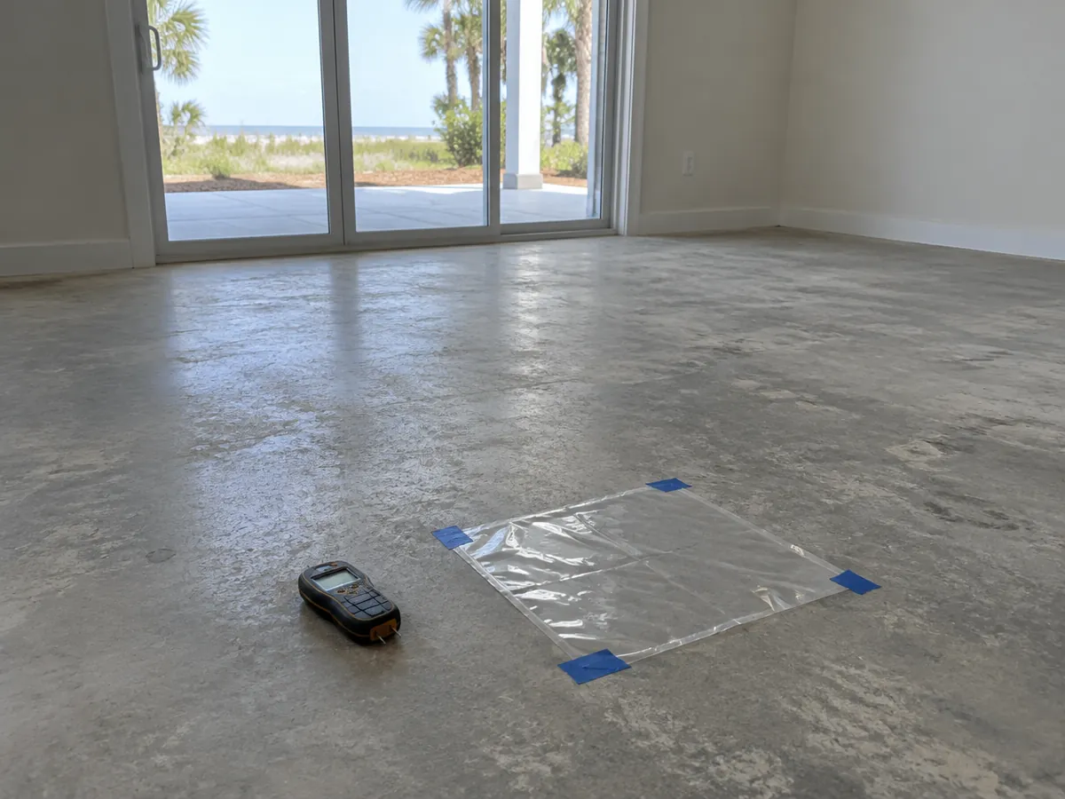 Moisture test on a bare concrete slab before a metallic epoxy floor in Myrtle Beach, SC