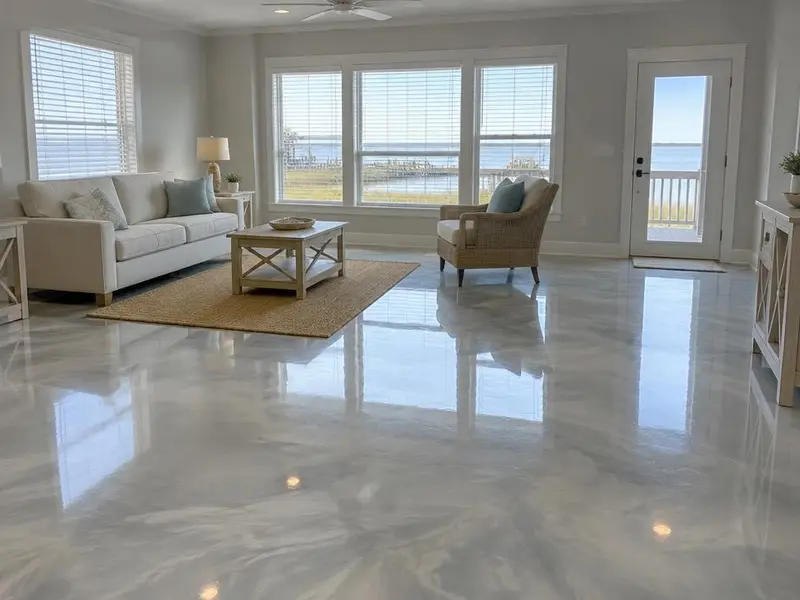 Metallic Epoxy Flooring in Myrtle Beach, SC: pearl and silver metallic floor in a living area