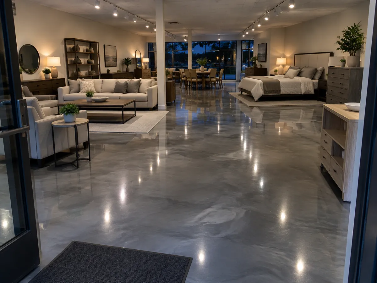 Metallic epoxy flooring in a small showroom in Myrtle Beach, SC
