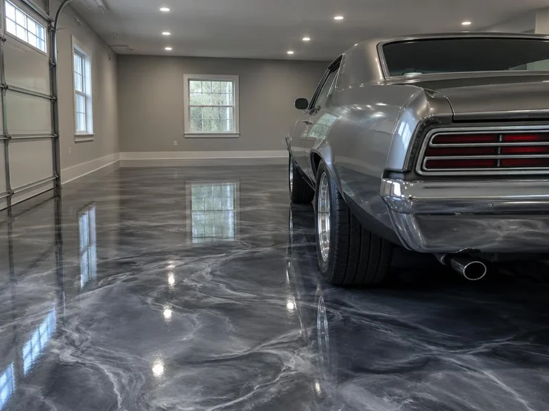 Metallic epoxy garage floor coating in charcoal and silver in a Myrtle Beach, SC garage