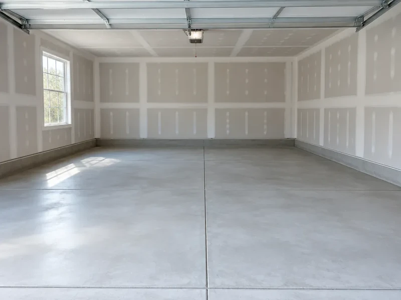 New bare concrete garage slab in a Carolina Forest, SC home before epoxy flooring