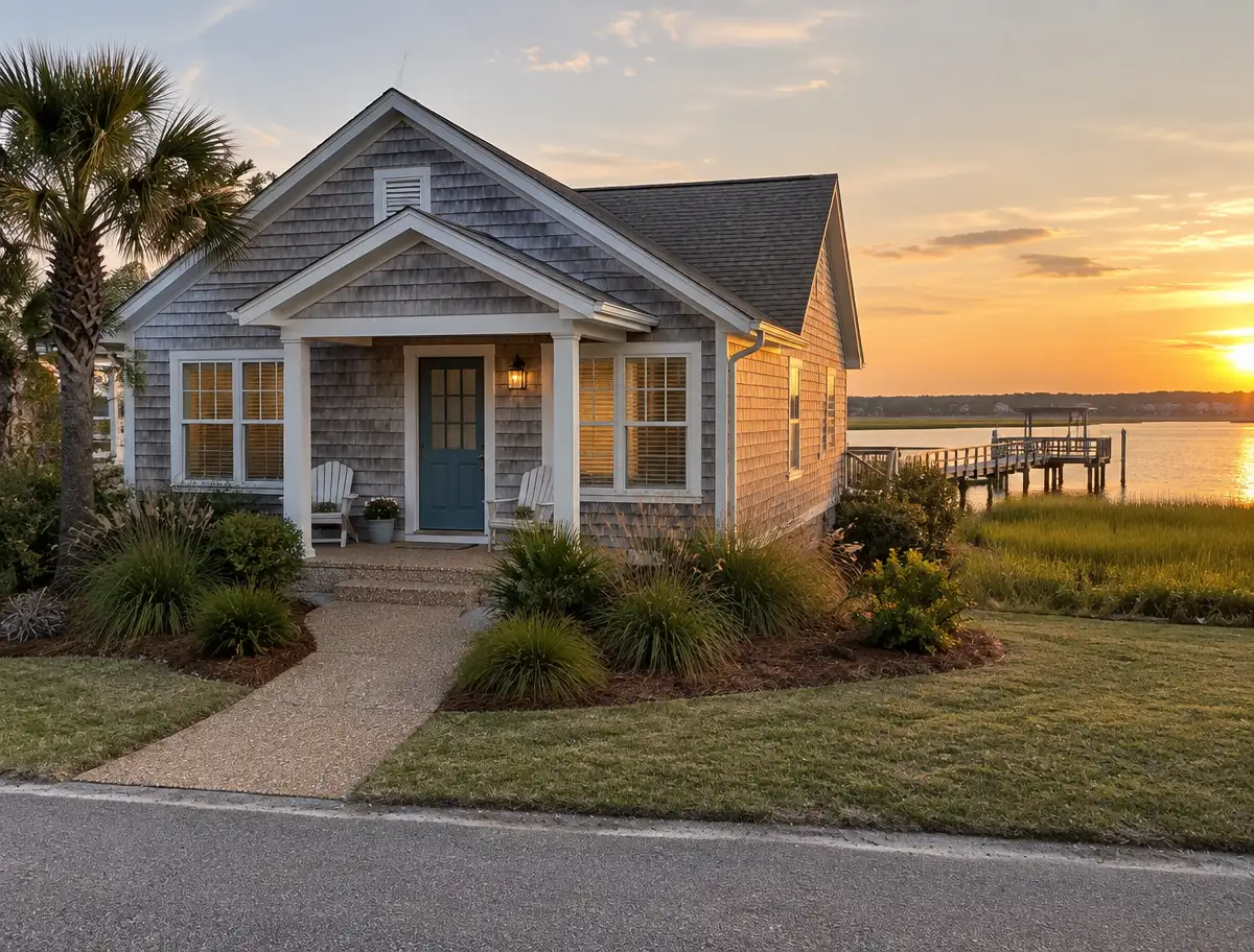 Patio coating in Garden City, SC: coated entry walkway and porch of an inlet-side cottage