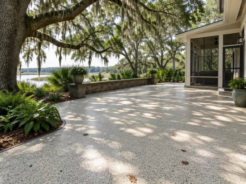 Patio coating in Murrells Inlet, SC: light flake patio under a live oak canopy