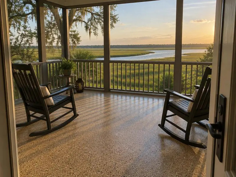 Patio and Porch Coating in Myrtle Beach, SC: tan flake floor on a screened porch
