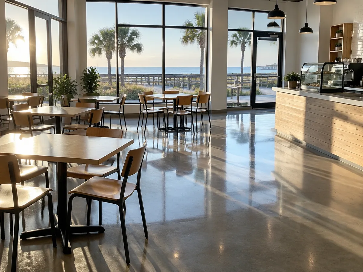 Polished concrete floor meeting a gray epoxy coated floor at a doorway in Myrtle Beach, SC